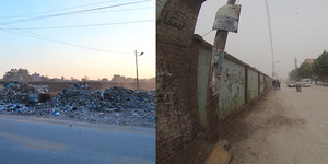 Vorher: Abfallberg entlang der Aussenmauer – Nachher: Aussenmauer nach der Abfallentsorgung