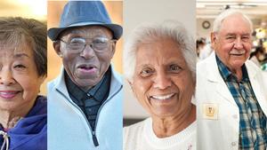 Gesichter rüstiger Rentner aus Loma Linda/USA (v.l.n.r.) D. Zane (85), E.E. Rogers (101), H. Gurusamy (86), W. Heisler (84)