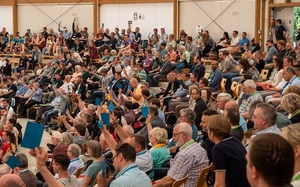 Gemeinsame Sitzung der Delegierten des Nord- und Süddeutschen Verbandes der Adventisten in der Zeltplatz-Arena in Friedensau.