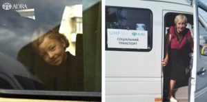 Auch Kinder und betagte Personen sind dank der kostenlosen Buslinien von ADRA Ukraine wieder mobil.