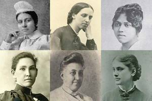 Wichtige Frauen der Adventisten. Oben, v. li.: A. Knight, F. Plummer, R. Temple. Unten: A. McKibbin, M. Sype, M. Boyd