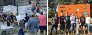 ADRA-Freiwillige entladen Säcke mit Brennstoffbriketts. (re.) Stromgenerator für Notunterkunft in Butscha. 